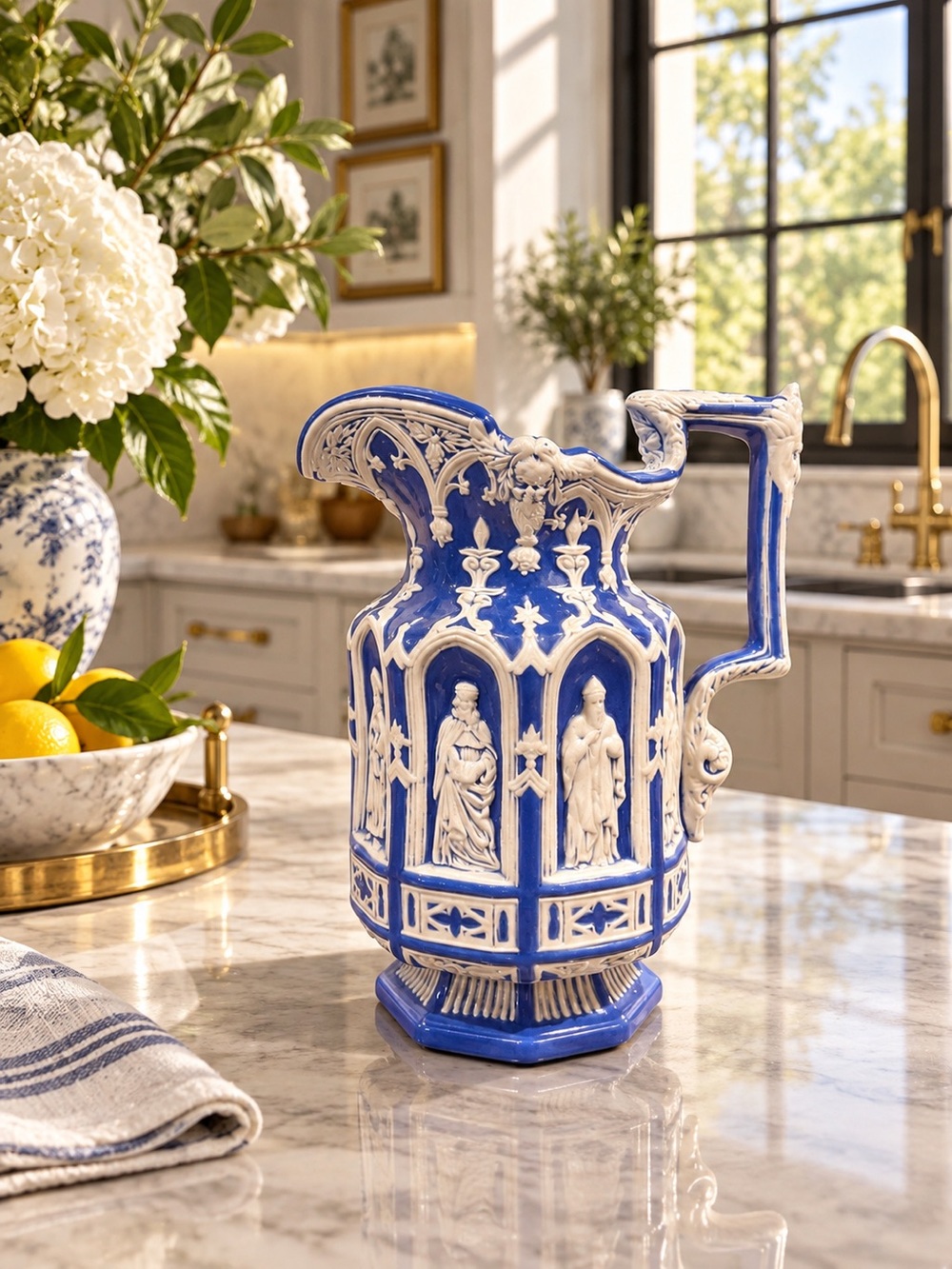 Blue and White Decorative Ceramic Pitcher - Ornate Relief Design